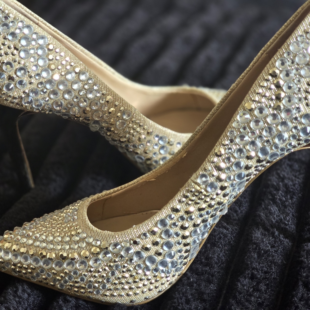 Gold Stiletto Heels with Crystal Embellishments